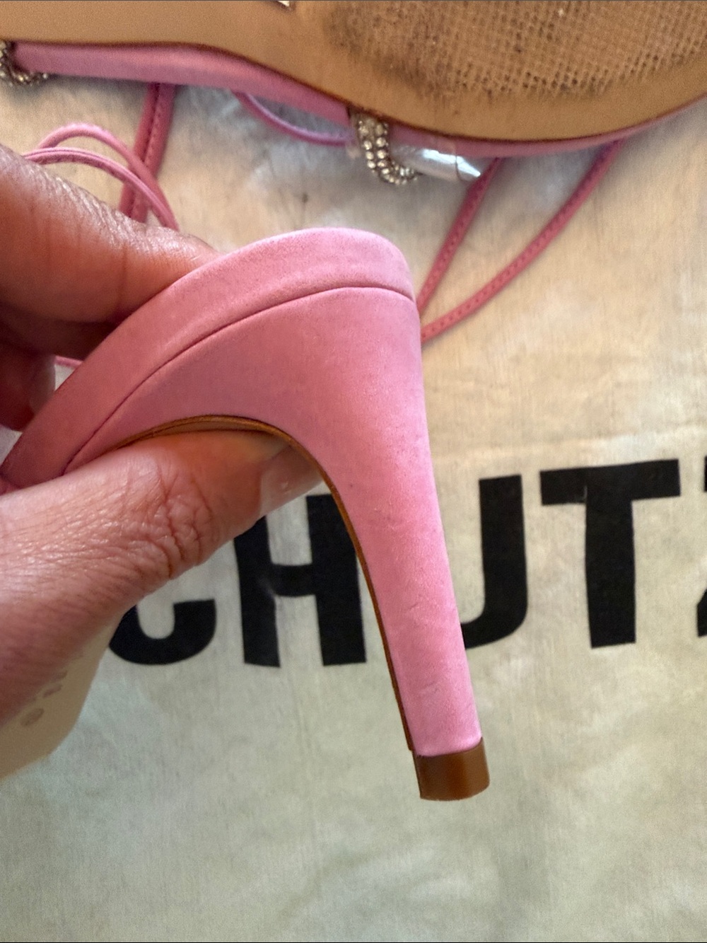 SCHUTZ Pink Suede Lace-Up Heeled Sandals with Crystal Trim - Picture 5 of 7